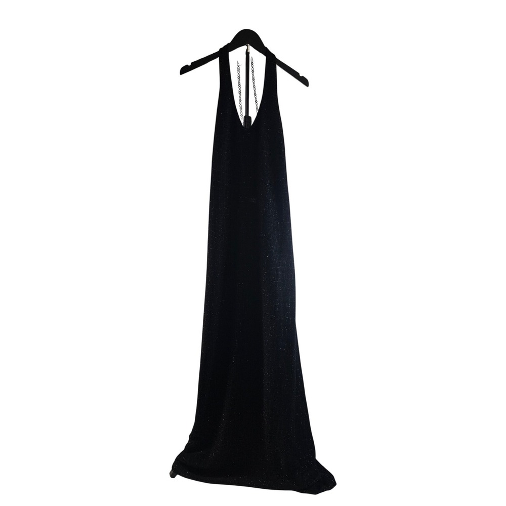 Black Shimmer‎ Halter Maxi Dress Open Back Beaded Chain Detail Formal Gown